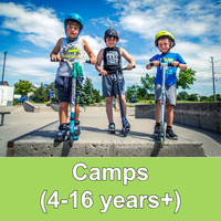 three children on scooters at a skate park with blue sky and clouds and the word camps (4-16 years+)