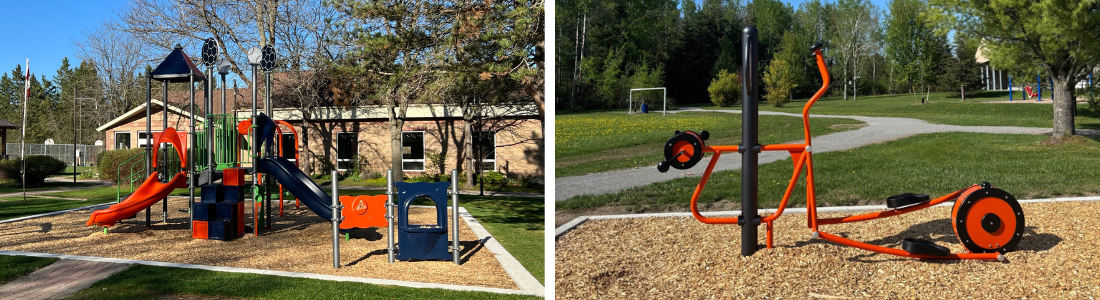 side by side left is a new playground in navy and orange right is an elliptical machine in orange and navy