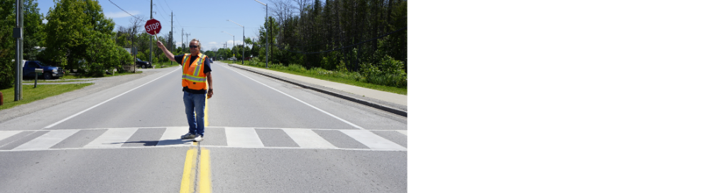 older male standing in crosswalk wearing a high visibility vest in orange