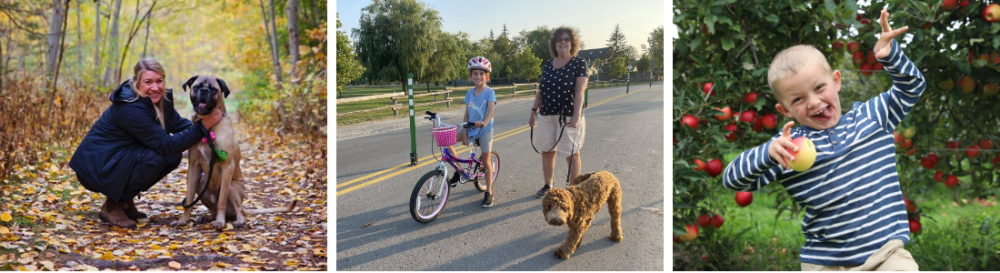 left - Adult female with dog on a leaf strewn road. Middle - Child on bike and mother holding leash to dog on a road. Right - little boy makes a face at the camera in an apple tree