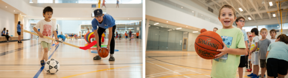 Children take part in indoor sports activities during a March Break camp, playing floor hockey and holding basketballs inside a bright gymnasium.