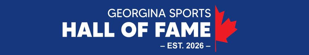 Blue background with Half a red maple leaf and the words Georgina Sports Hall of Fame Est. 2026